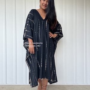 Black Tie Dye Midi Kaftan FR-16 ~ Luxury Resort Dress, Exotic Chic Dress, Tropical Vacation Wear, Cruise Wear, Mexican Dress, Dubai Dress
