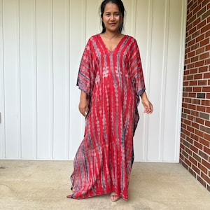 Red with Black Gray Tie Dye Kaftan A-7  Tropical Dress For Women    Luxury Lounge Wear  Plus Size Maxi Kaftan  Resort Wear  Summer Clothing