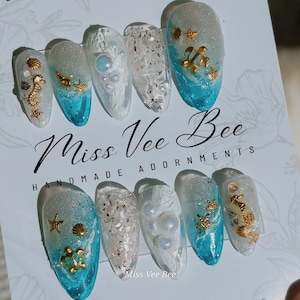 Turquoise Green Ocean Sandy Seafoam Seashore Shelly Beach Gold Charms, Luxury Handmade Hand Painted Reusable Ready to Wear Press on Nails