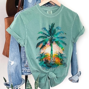 Tropical Sunset Palm Tree T-shirt, Beach T Shirt, Comfort colors tshirt, Vacation shirt, 100 percent cotton, Summer tee, costal ocean art t
