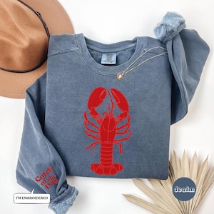Coastal Lobster Comfort Colors Catch of the Day Crewneck Sweatshirt, Embroidered Text, Beach Sweater, Maine New England Style Preppy Gift