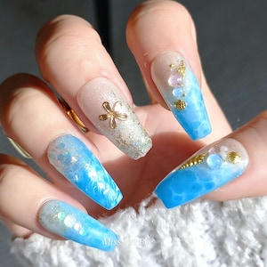 Beach Gold Seashells Charms Sparkling Waves Bright Blue Ocean, Luxury Handmade Hand Painted Reusable Ready to Wear Press on Nails