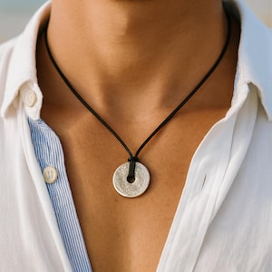 Men’s Washer Necklace: Custom Silver Disc on Leather Choker – Surfer Style – Beach Gift for Him or Boy