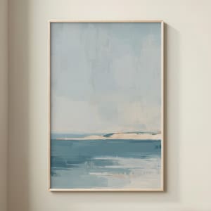 Abstract Seascape Framed Print, Muted Blue Coastal Wall Art: Modern Vertical Ocean Painting