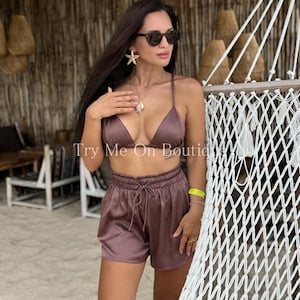 Handmade Silk Shorts Set, Chocolate Brown Resort Wear