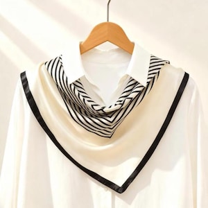 100% Mulberry Silk Square Scarf, Pure Silk Bandana, Classic Black & White Geometric Design, Luxury Women Neck Scarf 66x66cm