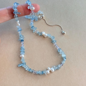 Aquamarine Necklace March Birthstone Natural Beaded Crystal Jewelry Sterling Silver Ocean Blue Throat Chakra Gemstone Minimal Gift for Women