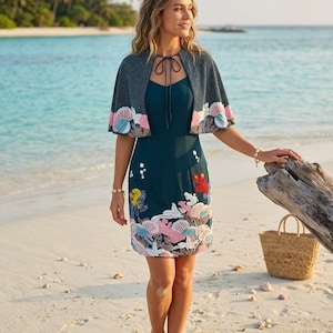 Ocean Embroidered Mini Dress with Cape | Beach Resort Wear, Summer Outfit