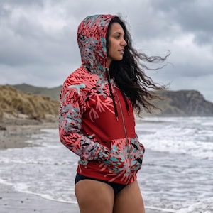 Red Coral Beach Zip Hoodie | Coastal Cowgirl Oversized Fleece Jacket | Luxury Nautical Resort Wear Unisex Drop Shoulder Travel Sweatshirt